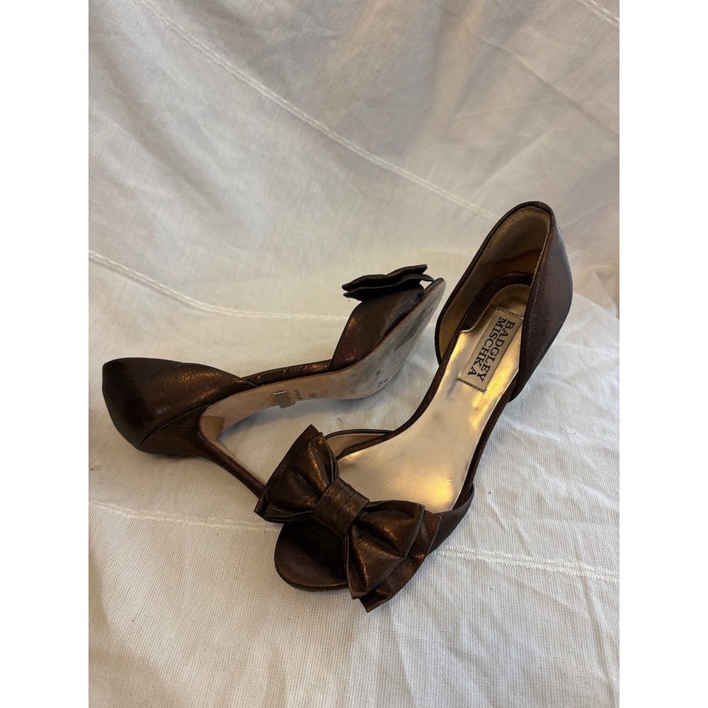 Badgley Mischka Bronze Metallic Satin Peep Toe Bow d'Orsay Heels Pumps 6M